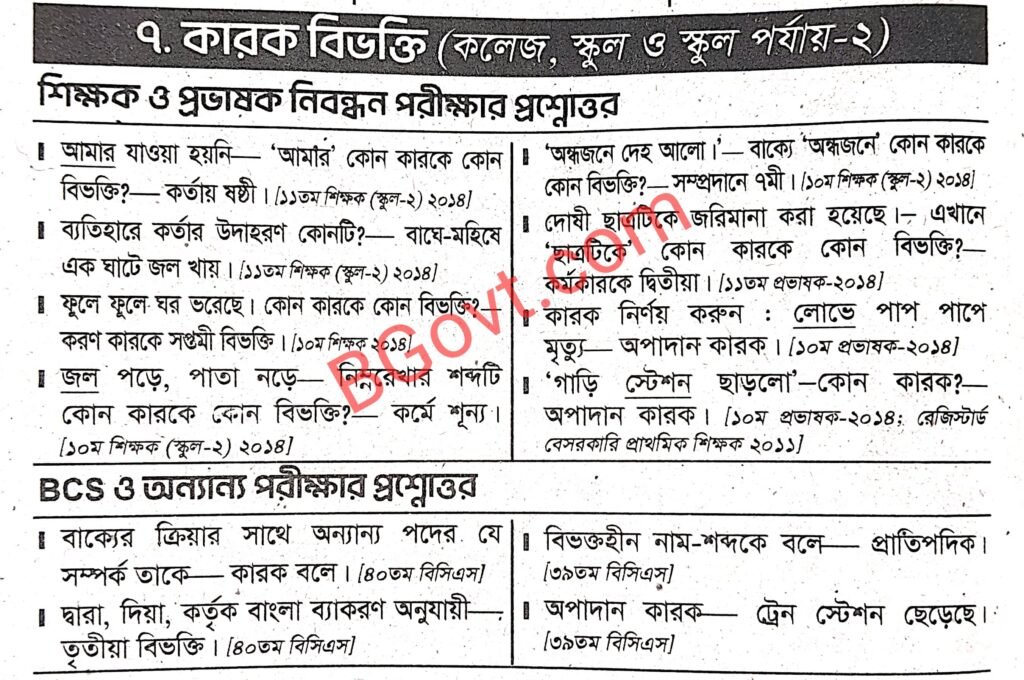 ১৯ তম শিক্ষক নিবন্ধন প্রস্তুতি কারক ও বিভক্তি থেকে বিভিন্ন পরীক্ষায় আসা গুরত্বপূর্ণ প্রশ্ন